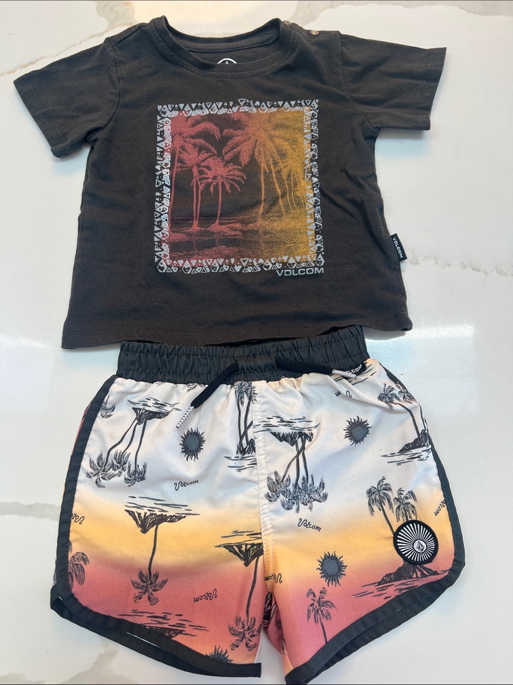 Volcom Black Tee with Pink-Orange-Yellow Ombre Palm Shorts